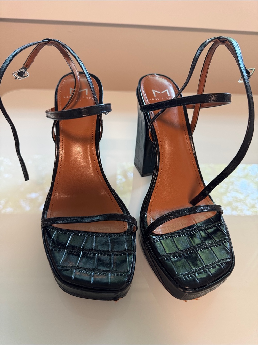Marc Fisher Platform Strappy Heels in Black Croc